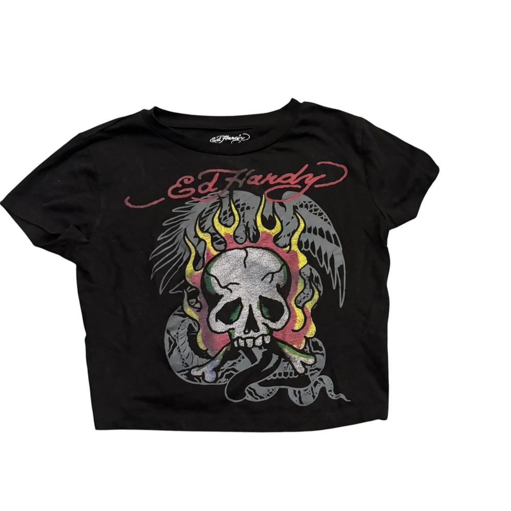 Ed Hardy Womens Skull & Flames Graphic Cropped‎ Baby Tee Black Small EHW1104